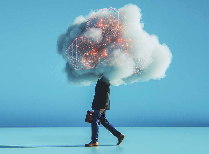 Mand med hovedet i en stor sky som har en visualisering af Data og digitalisering
