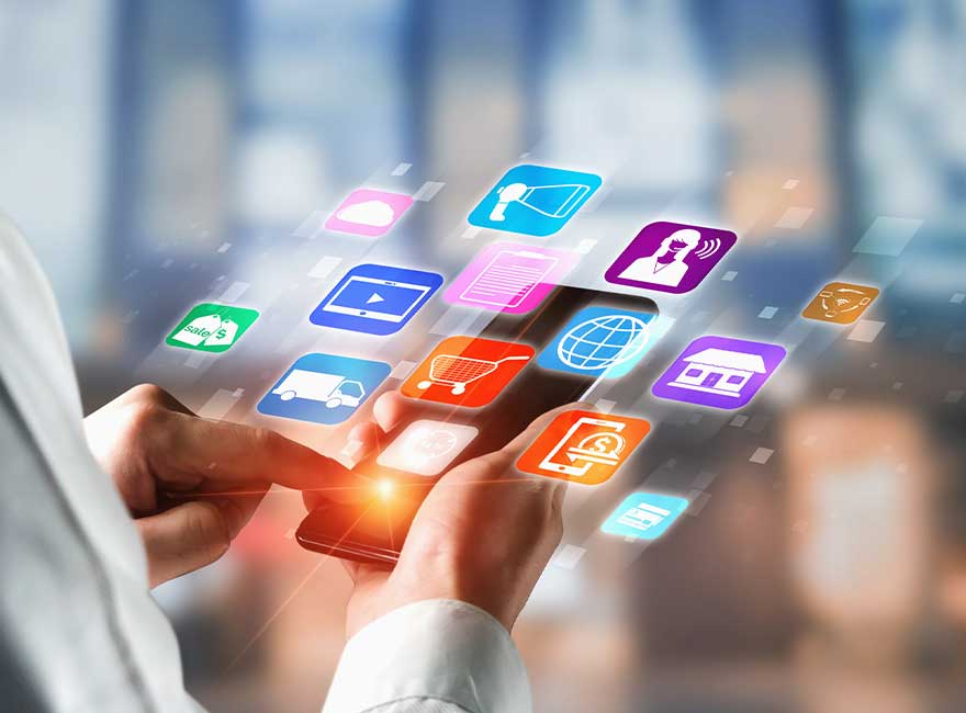 Smartphone med en masse apps som skal visualisere en kunderejse eller Customer Experience